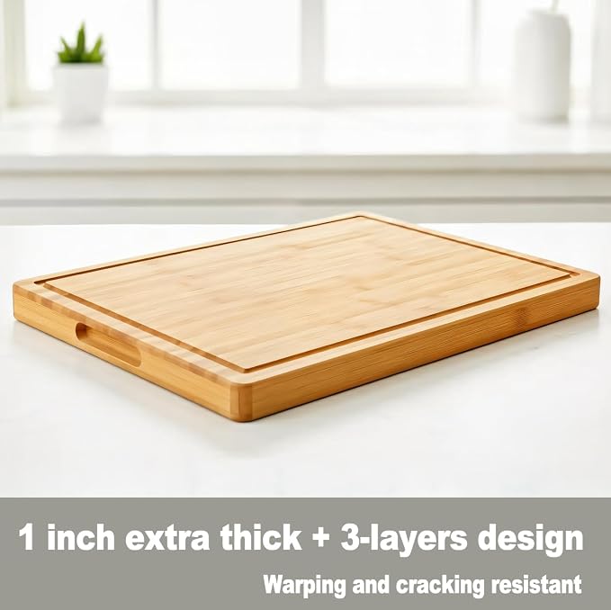 Allsum Bamboo Wood Cutting Boards for Kitchen, 1" Extra Thick Butcher Block with Juice Grooves & Handles Resisting to Warping and Cracking, Fancy Charcuterie Boards, 16"L x 11"W