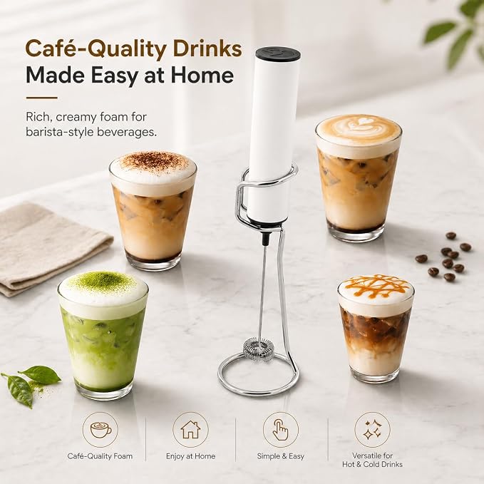 Rechargeable Milk Frother with Stand, Electric Whisks Foam Maker, POWERFUL USB C 2 Speed Handheld Drink Mixer for Coffee, Latte, Cappuccino, Matcha Drinks,White