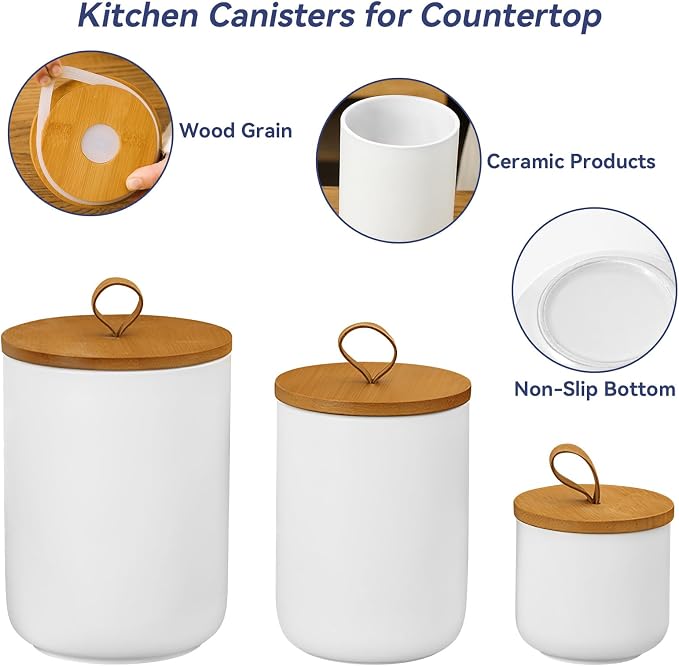 Ceramic Storage Jars, Modern Airtight Canisters with Wooden Lid (White tuba)