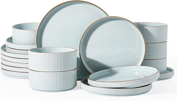 Famiware Stoneware Dishes Dinnerware Sets for 6, Plates and Bowls with Trim | 18pc Ceramic Dinner Set with Lipped Edges, Chip & Scratch Resistant , Microwave & Dishwasher Safe, Everyday Formal Use, Blue