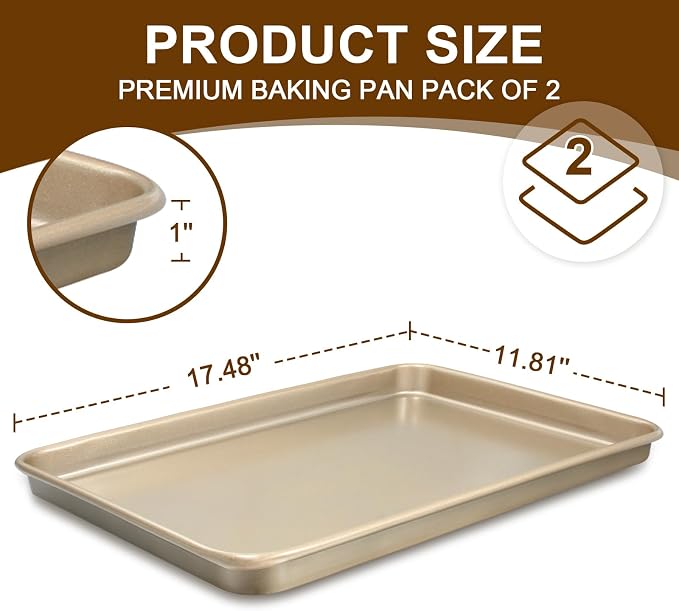 Wildone Baking Sheet Pan Set of 2, Nonstick Cookie Sheets for Baking | Thicker Carbon Steel Half Sheet Pan Oven Tray 17.5x12 Inch, Heavy Duty & Easy Clean, Champagne Gold