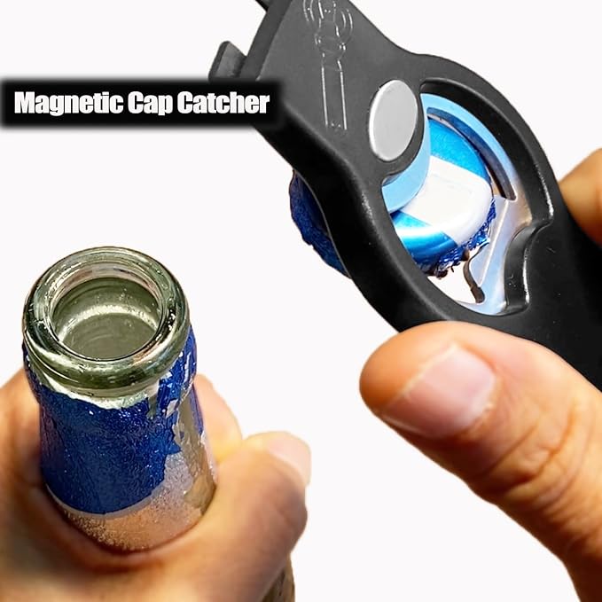 3-in-1 Magnetic Bottle & Can Opener, Manual Can Punch Opener, Black | Punch Can Opener for Liquid with Cap Catcher, Stick to Fridge/Refrigerator for Easy Storage,Magnet Can Tapper Church Key