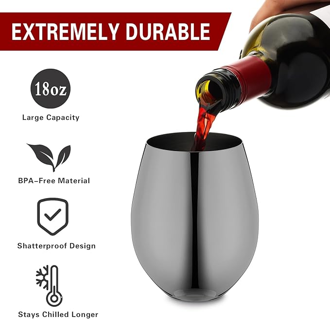 WOTOR Black Stemless Wine Glasses, 18oz, Stainless Steel, Set of 4 | Unbreakable, Metal, Outdoor Events, Ideal Gift