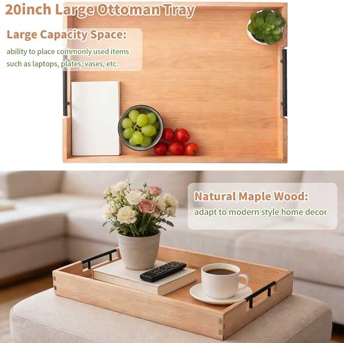 Large Ottoman Tray, 20"x14" Rectangular Trays for Big Ottoman, Maple Wooden Serving Tray with Metal Handles, Wood Serving Tray Counter Kitchen, Living Room Coffee Table Decor Organizer