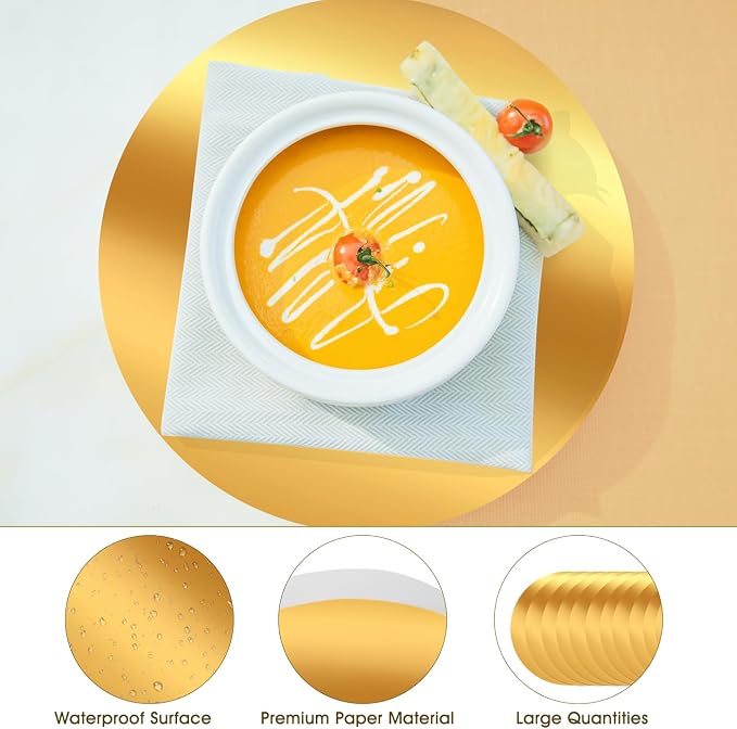 50PCS 13in Round Gold Placemats, Disposable Paper Chargers Plate | Paper Placemats for Dining Table, Mirrored Gold Charger Placemat for Kitchen Banquet Table Setting Wedding Birthday Party