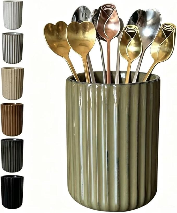 TOPYOKK Stoneware Coffee Bar Utensil Holder Tea & Coffee Spoon & Stirrer Holder for Stir Stick Straw Teaspoon Holder Espresso Spoon Cup Small Utensil Jar Fluted Vertical Stripe (Retro Green)
