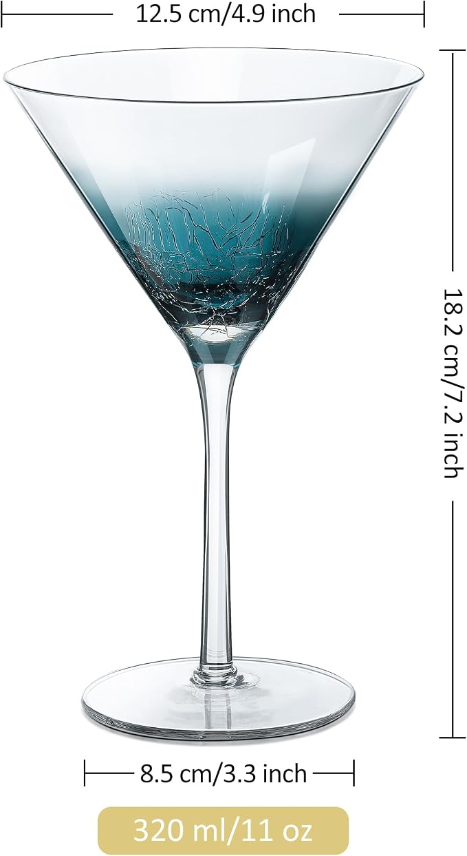 Joeyan Handmade Blue Crackle Martini Glasses,11 oz Crystal Cocktail Glassware,Drinking Glasses for Espresso Martini Cosmopolitan Manhattan Gimlet,Set of 2