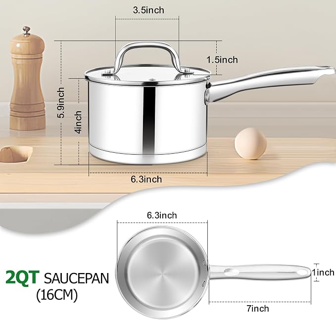 TeamFar 2 qt Saucepan, Stainless Steel Small Sauce Milk Pan with Lid | with Tri-ply Bottom for Cooking/Boiling/Stewing, For Induction/Gas/Electric, Non-Toxic & Heavy Duty, Dishwasher Safe