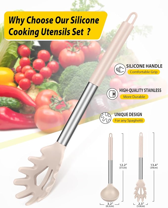 BUNDLEPRO Silicone Pasta Fork and Ladle Spoon Set, 2 Pack, Khaki | Large Non Stick, High Heat Resistant Kitchen Utensils for Cooking,Stirring,Serving Spaghetti, Soup, Sauce