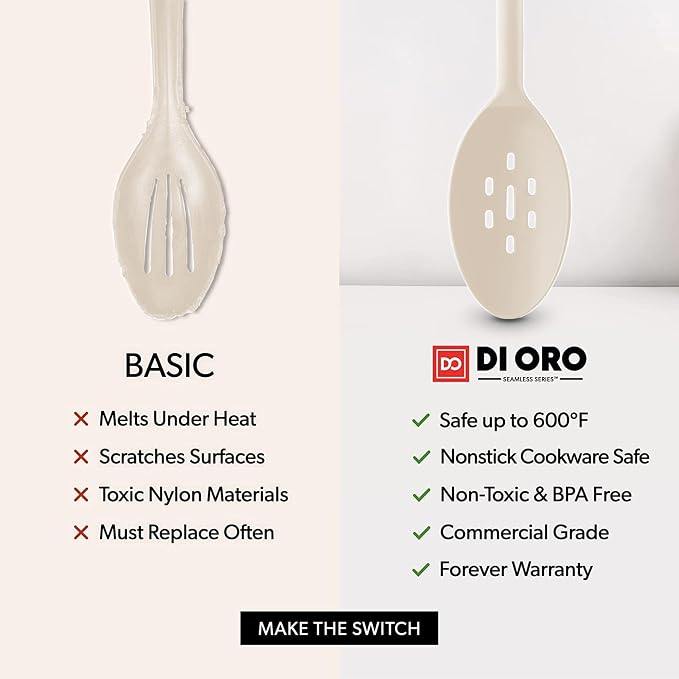 DI ORO Silicone Cooking Spoons - Solid & Slotted Set, 2-Pc Clay | Large heads for mixing, serving, and stirring; Heat-resistant to 600F for nonstick cookware; BPA-free and dishwasher safe