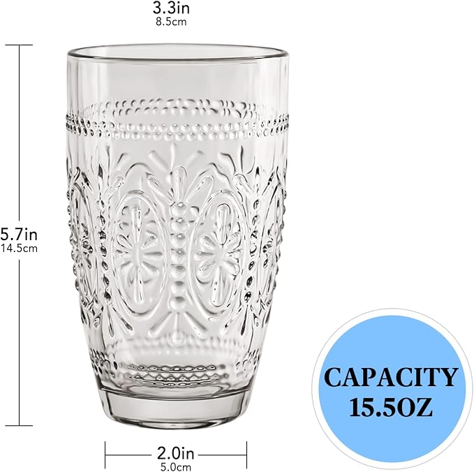 Colored Vintage Drinking Glasses Set of 4, 15.5 oz Romantic Embossed Water Glasses, Colored Tumblers Tempered Glass for Juice, Beverages, Beer, Cocktail (Gray)