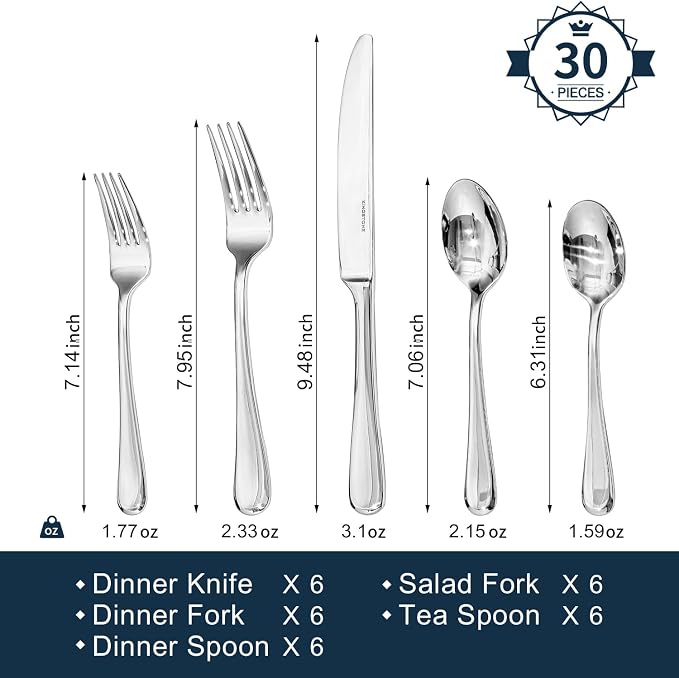 Silverware Set for 6, 30 Piece Stainless Steel Flatware Cutlery Utensil Set | KINGSTONE Heavy Duty Utensils, Modern Design, Mirror Polished Knives Fork and Spoon,Dishwasher Safe for Wedding Housewarming
