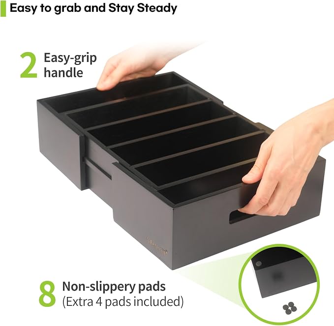 Expandable Bamboo Kitchen Cabinet Organizer for Food Container Lids Holder | Adjustable drawer organizer with 3 dividers for food container lids, bamboo lid organizer for kitchen cabinet lid storage