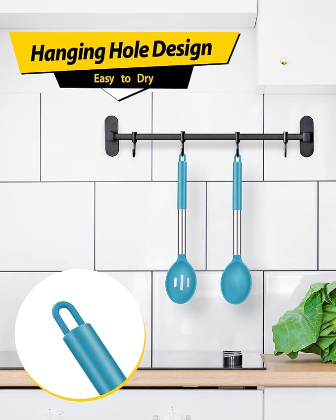 BUNDLEPRO Silicone Cooking Spoons for Non Stick Cookware, 2 Pack, Blue | Heat Resistant, Large Kitchen Spoons for Mixing, Serving, Draining, Stirring