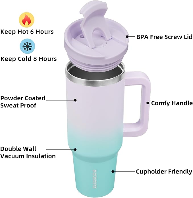 BJPKPK 40 oz Insulated Tumbler with Handle & Straw, Stainless Steel | Double Wall Vacuum Insulation, Leak Proof, BPA Free, Dishwasher Safe, Cupholder Friendly, Travel & Outdoor, Lavender Green