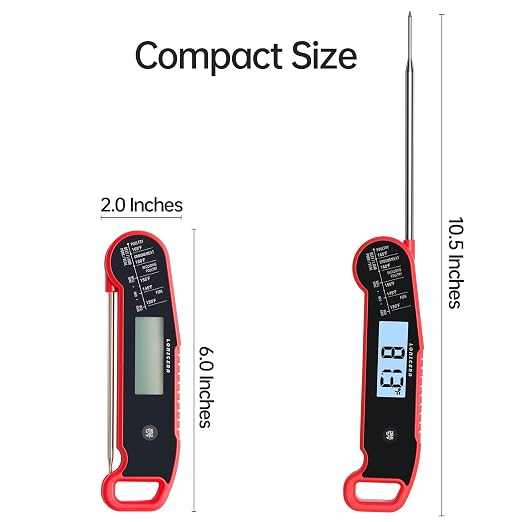Lonicera Instant-Read Meat Thermometer, 1-Second, IP67 Waterproof, Red | Thermocouple sensor delivers readings in 1 second with ±0.9°F accuracy, plus IP67 waterproofing, auto-rotate and wake