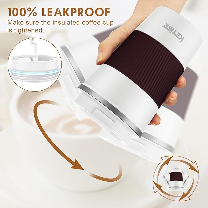KETIEE Travel Coffee Mug 12oz: Reusable Insulated Coffee Cup with Leakproof Lid, Travel Tumbler, Vacuum Stainless Steel Coffee Mug to Go for Hot/Iced Coffee Tea Water (White)