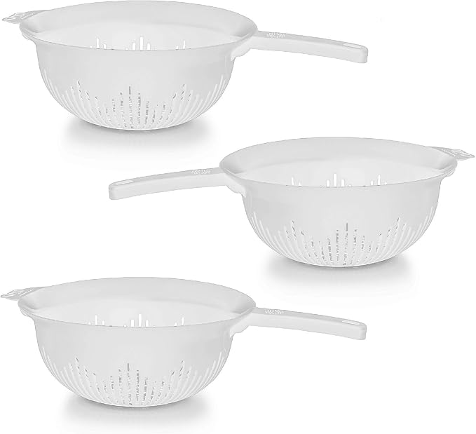 YBM Home 9.75 Inch Plastic Strainer Colander with Long Handle – Made of Food Safe BPA-Free Plastic - Use for Pasta, Noodles, Spaghetti, Vegetables and More 31-1130-white-3 (3, White)