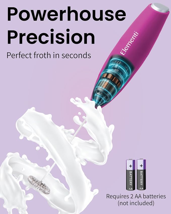 Elementi Pink Milk Frother Wand - Electric Handheld Matcha Whisk - Hand Frother for Coffee & Frappe Maker - Coffee Mixer - Electric Drink Stirrer - Hand Held Blender Stick & Mini Mixer (Hot Pink)
