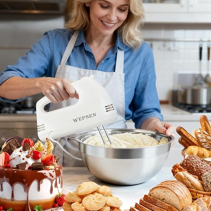 WEPSEN Hand Mixer Electric Mixing Bowls Set, 5 Speeds Handheld Mixer with 4 Nesting Stainless Steel Mixing Bowl, Measuring Cups Spoons 200W Kitchen Blender Whisk Beater Baking Supplies For Beginner