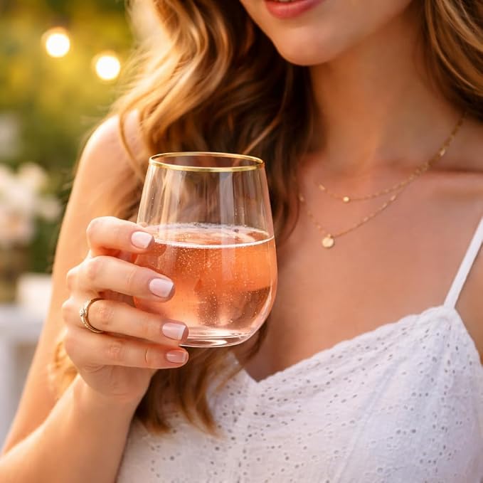 Oojami 40 Pack Diamond Disposable Wine Glasses Stemless 12 oz Pink Gold | Unbreakable Shatterproof BPA-Free, Reusable Recyclable Plastic Wine Cups for Wedding Party Cocktail Whiskey Champagne