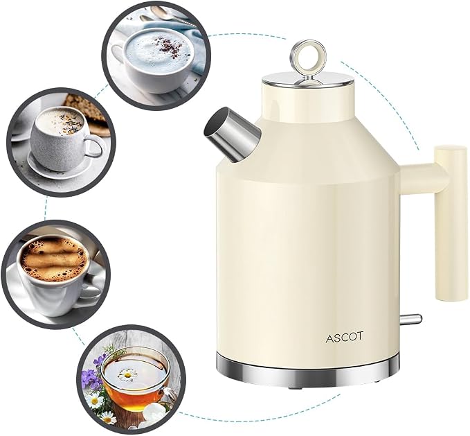 ASCOT Electric Kettle, 1.5L Stainless Steel Interior, Plastic-Free, 1500W Fast Boil, Retro Design, Auto Shut-Off & Boil-Dry Protection, Cream