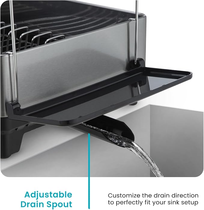 Home Zone Living Dish Drying Rack for Kitchen Counter with 2-Tiers | Stainless Steel with Drip Tray, Extendable Water Drainage Pipe, and Holders for Utensils, Wine Glasses and Cutting Board