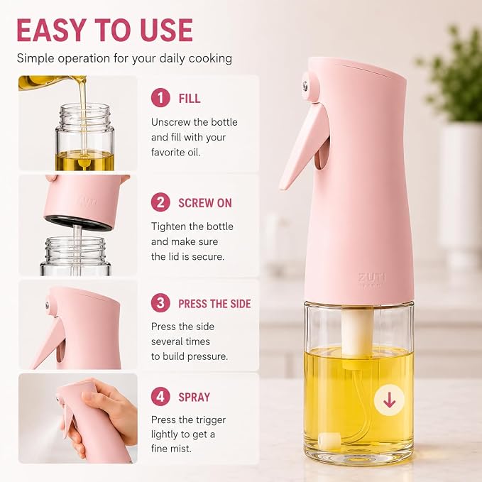 Zuutii Oil Sprayer for Cooking, 170ml Olive Oil Sprayer Mister, Olive Oil Spray Bottle for Salad, BBQ,Spray with Portion Control, Kitchen Baking, Roasting,Hairstyling (Light Pink)