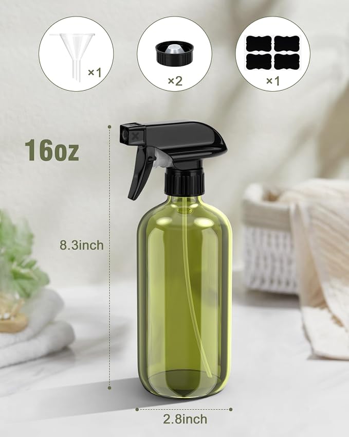 Bontip Glass Spray Bottle 16 oz for Cleaning, Plants (2 Pack, Olive Green | Refillable green spray bottle Set, BPA-free eco glass, With labels and funnel, Great for cleaners, plant misting, hair care