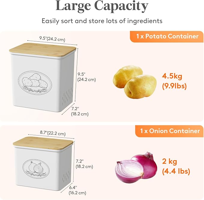 Lifewit Plastic Potato and Onion Storage Bin Box, Set of 2, White | Stackable Garlic Keeper, Vegetable Container Box, Aerating Holes & Lid for Pantry Countertop