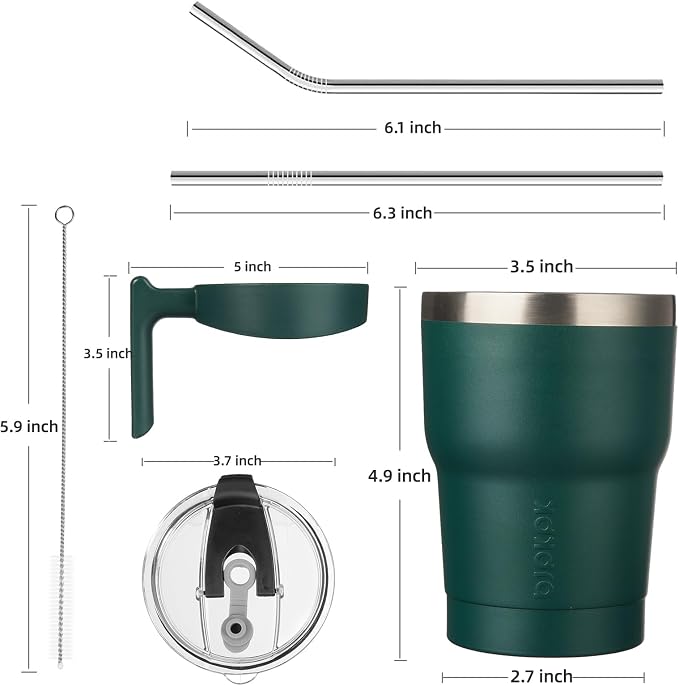 BJPKPK 10 oz Mini Tumbler with Lid, Straw & Handle, Insulated Steel Cup | Small, Spill Proof, Leak Proof, Thermal, Double Wall Vacuum, Sweatproof, Dishwasher Safe, BPA Free, Army Green
