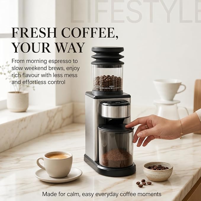 OrkeyDolk® Electric Burr Coffee Grinder with Conical Burr, 25 Grind Settings for Espresso, Drip Coffee & Moka Pot, Quiet Coffee Grinder for 2–12 Cups, Stainless Steel Burr, LED Display S