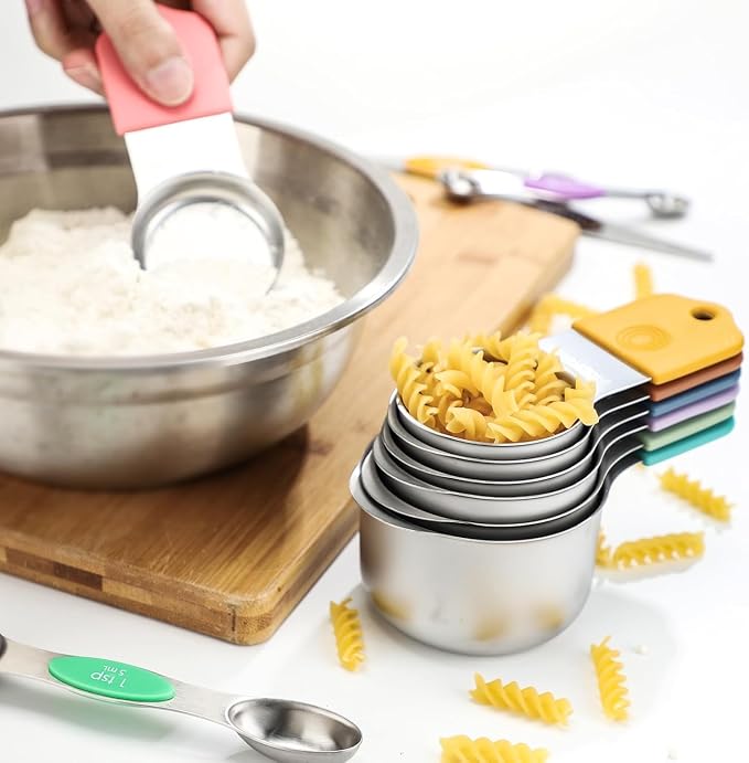 Measuring Cup and Spoon Set Stainless Steel Includes 7 Stackable Measuring Cups 8 Double-Sided Magnetic Measuring Spoons, 1 Level Meter for Dry and Liquid Ingredients