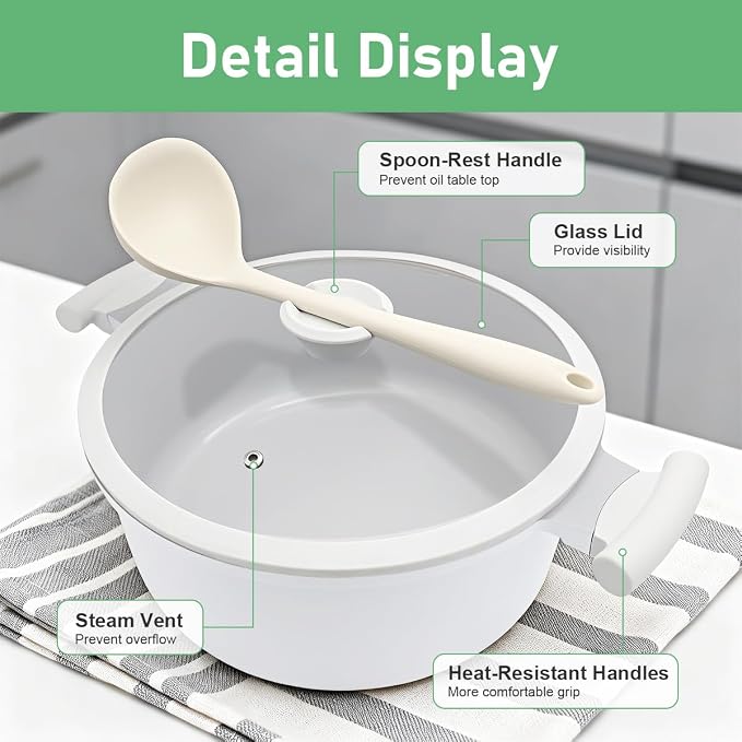 AIKENBBKK 7 QT Ceramic Stock Pot with Lid, Non Stick Cooking Pot, Soup Pot Nonstick, Induction Cookware for Pasta, Soup, Spaghetti, Stay-Cool Handle, Suitable for All Stoves, PFAS-Free, White