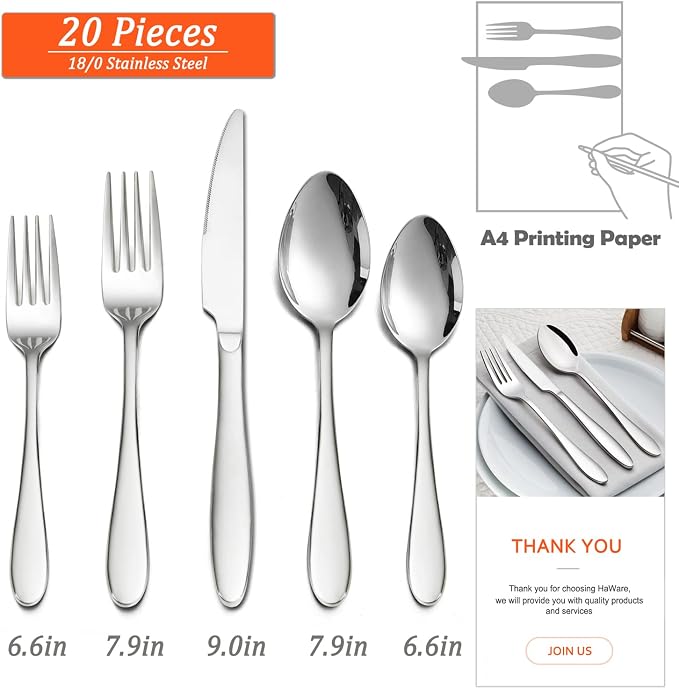 HaWare 20-Piece Silverware Set for 4, Stainless Steel Flatware | Food Grade Cutlery Set, Modern Ergonomic Design, for Home Kitchen Restaurant, Mirror Polished, Dishwasher Safe