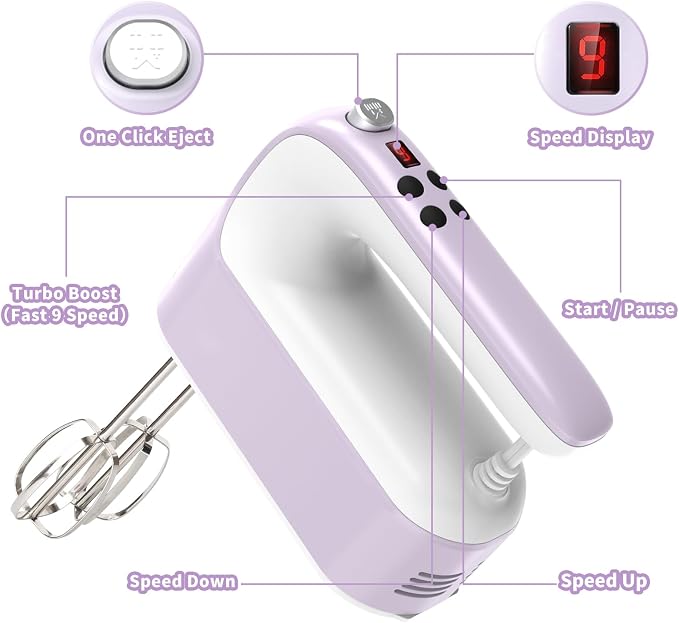 Yomelo 9-Speed Digital Hand Mixer Electric, 400W Powerful DC Motor, Hand Mixer Electric Handheld with Snap-On Storage Case, 5 Stainless Steel Accessories, Beaters, Dough Hooks, Whisk(Lilac Purple)