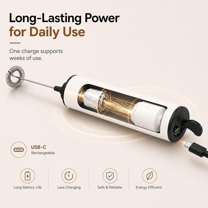 Rechargeable Milk Frother with Stand, Electric Whisks Foam Maker, POWERFUL USB C 2 Speed Handheld Drink Mixer for Coffee, Latte, Cappuccino, Matcha Drinks,White