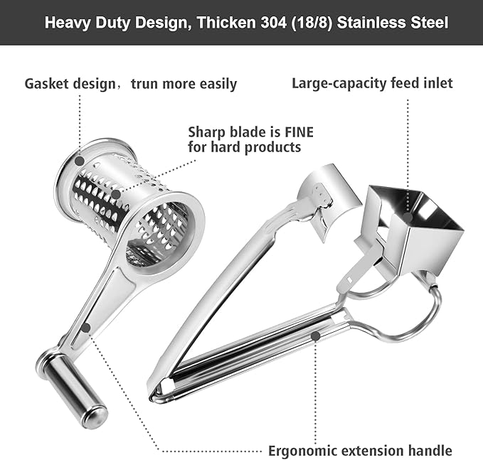 TONMA Multipurpose Rotary Cheese Grater Hand Crank | Cheese Grinder with 1 Stainless Steel Handheld Drum for Parmesan, Pecorino Romano, Mozzarella, Vegetables, Ergonomic Design