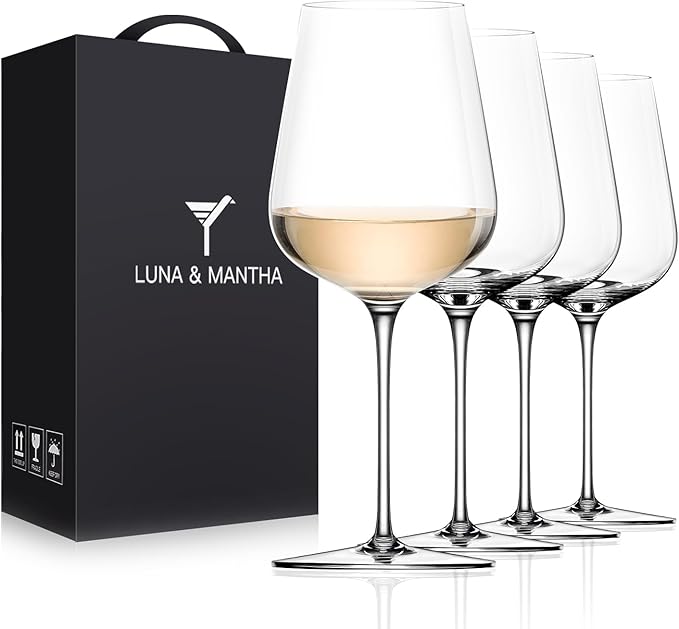 White Wine Glasses Set of 4, 14oz Crystal Hand Blown, Long Stem, Gift | Stemmed Red Wine Glass, Modern, Father's Day, Wedding, Anniversary, Birthday, Daily