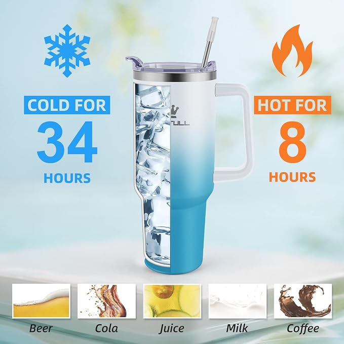 Soufull 40 oz Tumbler with Handle and Straw Lid, 100% Leak-proof, WhiteBlue | Stainless Steel Insulated Travel Coffee Cup, Keeps Cold 34Hrs or Hot 10Hrs, Dishwasher Safe