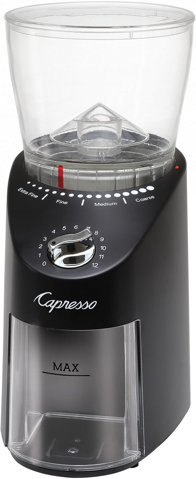 Capresso Infinity Plus Conical Burr Grinder, Black | Commercial-grade steel burrs, 16 settings, low-speed gear motor