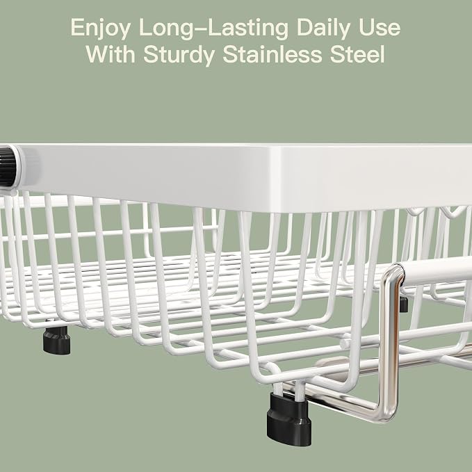 White Dish Drying Rack Over The Sink with Utensil Holder | Expandable Stainless Steel Dish Drainer for Small Kitchen, Apartment, RV, Counter Space Saving, Perfect Fit, Rustproof