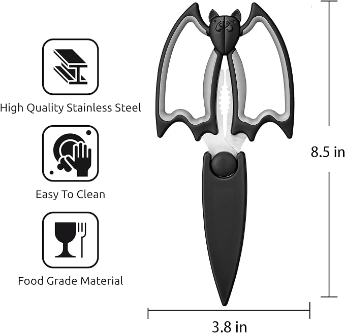 OMDAR Bat Kitchen Scissors All Purpose 2 Pack - Halloween Goth Cute Kitchen Shears - Heavy Duty Stainless Steel Cooking Shears for Cutting Meat, Food, Poultry - with Magnetic Blade Guards