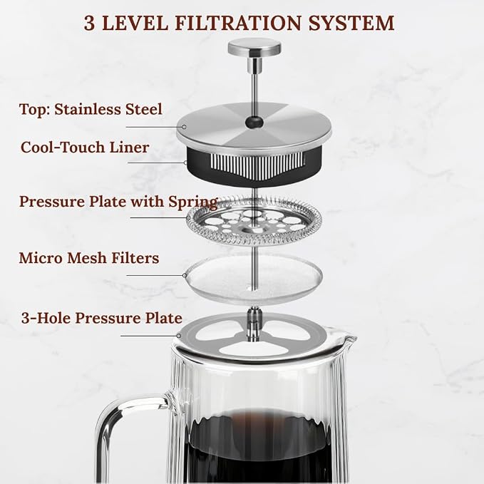 Glass French Press Coffee Maker, Heat Resistant Borosilicate Glass (34oz Ribbed)