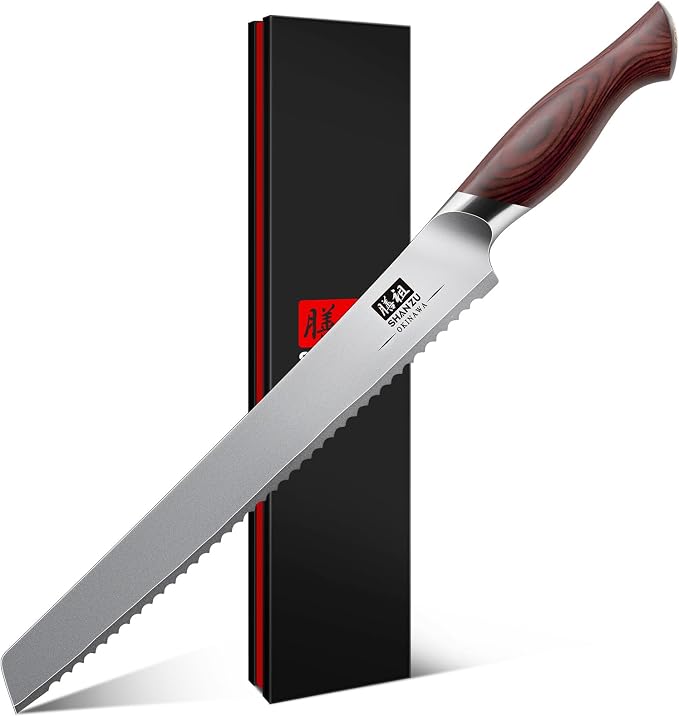 SHAN ZU 10 Inch Bread Knife, Razor Sharp Sourdough Slicing Knife | Japanese High Carbon 10Cr15Mov Stainless Steel Cake Knife, Multifunction Serrated knife for Homemade Bread