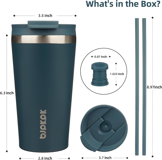 BJPKPK 18 oz Coffee Tumbler with Straw, Insulated Stainless Steel Cup | Double Wall Vacuum, Leak Proof, Keeps Hot/Cold, BPA Free, Dishwasher Safe, Cupholder Friendly, Travel, Navy Blue