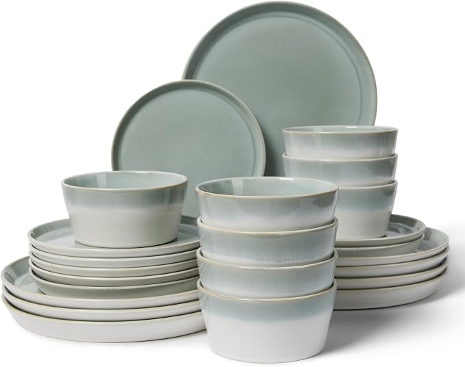 Dinnerware Sets for 8, Ceramic Plates and Bowls Set, Modern Artisan Dish Set, Microwave & Dishwasher Safe Dishware Set, Chip & Scratch Resistant Dinner Sets, Gradient Green