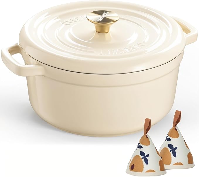 Overmont Enameled Cast Iron Dutch Oven - 5QT Pot with Lid Recipe Potholders | Pre-Seasoned Dutch Oven with Moisture-Sealing Lid, Oven Safe to 500°F, Heavy-Duty Cookware for Braising Stews Roasting Baking