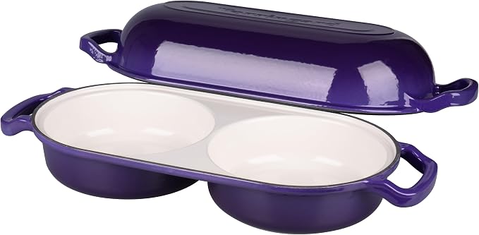Enameled Cast Iron Double Dutch Oven with Lid, Dual Round Loaf Pan, Bread pan for Homemade Sourdough Bread Baking, Purple