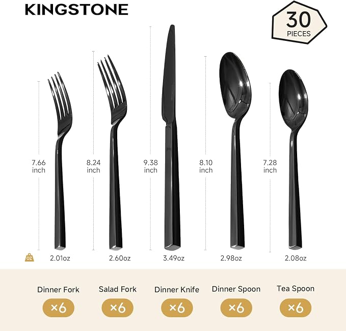 Black Silverware Set for 6, 30 Piece Flatware Set, Stainless Steel | Square Handles, Mirror Polished, Dishwasher Safe, Sturdy, for Home Kitchen, Weddings, Parties & Housewarming